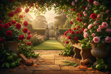 Englischer Garten mit blühenden Rosen, Bergamotte und Zedernholz im goldenen Morgenlicht – die Ess enz britischer Eleganz für den Burberry Parfüm Vergleich 2026