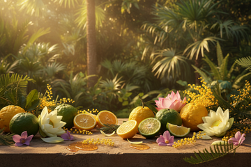 Botanischer Sommergarten mit frischen Zitrusfrüchten, Mimosen und Lotusblüten im goldenen Morgenlicht – Inspiration für die besten Gucci Parfüm Alternativen Sommer 2026
