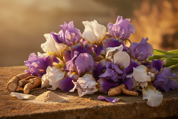 Lila und weiße Schwertlilienblüten im goldenen Morgenlicht mit getrockneten Iriswurzeln und Blütenblättern – pudrige Eleganz und Quiet Luxury in der Iris Parfum Welt 2026