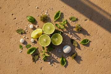 Sommerdüfte 2026 – Bergamotte, Limette, Eisenkraut, Eichenmoos und Meersalz auf warmem Kalkstein als Sinnbild für die mineralische Frische des Klassikers Rochas Eau de Toilette