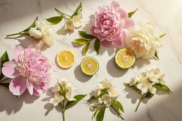 Langanhaltende Sommerdüfte für Damen 2026 – Frische weiße Teeblüten, Pfingstrosen, Jasmin und Zitrusfrüchte auf Marmor im goldenen Morgenlicht, Carolina Herrera und Elizabeth Arden Duftinspiration