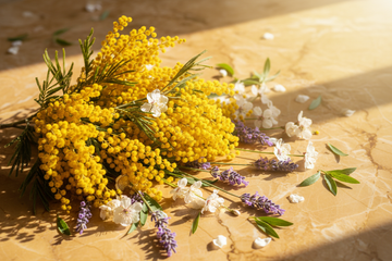 Gelbe Mimosen, lila Lavendel und weiße Blüten im goldenen Frühlingslicht – die Symbole des Weltfrauentags 2026 für Stärke, Hoffnung und Gleichberechtigung