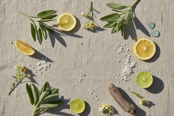 Sommer 2026 Fresh Citrus Parfum Editorial Cover – Salbeiblätter, Meersalzkristalle, Zitronenscheiben und Treibholz auf Leinenstoff im natürlichen Morgenlicht