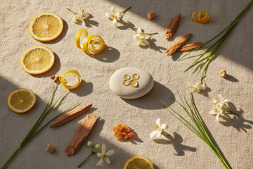 Sommerparfüms langanhaltend machen – natürliche Duftnoten wie Bergamotte, Neroli, Amber und Zedernholz auf Leinenstoff