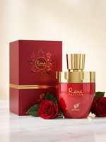 Afnan Rare Passion Eau de Parfum 100 ml - roter Flakon mit Verpackung auf hellem Marmor mit roten Rosen