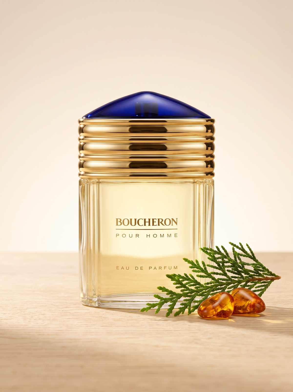 Boucheron Pour Homme Eau de Parfum 100 ml - Flakon mit Goldkappe und blauer Kuppel auf hellem Holz mit Zeder