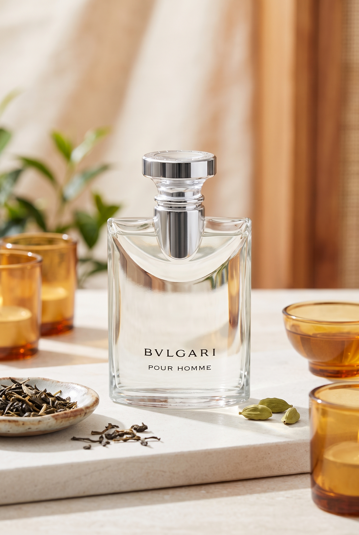 Bvlgari Pour Homme Eau de Toilette 100 ml - klarer Flakon mit Darjeeling-Tee und Kardamom in hellem Tageslicht - kaufenparfum.de