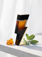 Carolina Herrera Bad Boy Elixir Eau de Parfum 100 ml - Blitz-Flakon auf hellem Beton mit Bernstein und Salbei