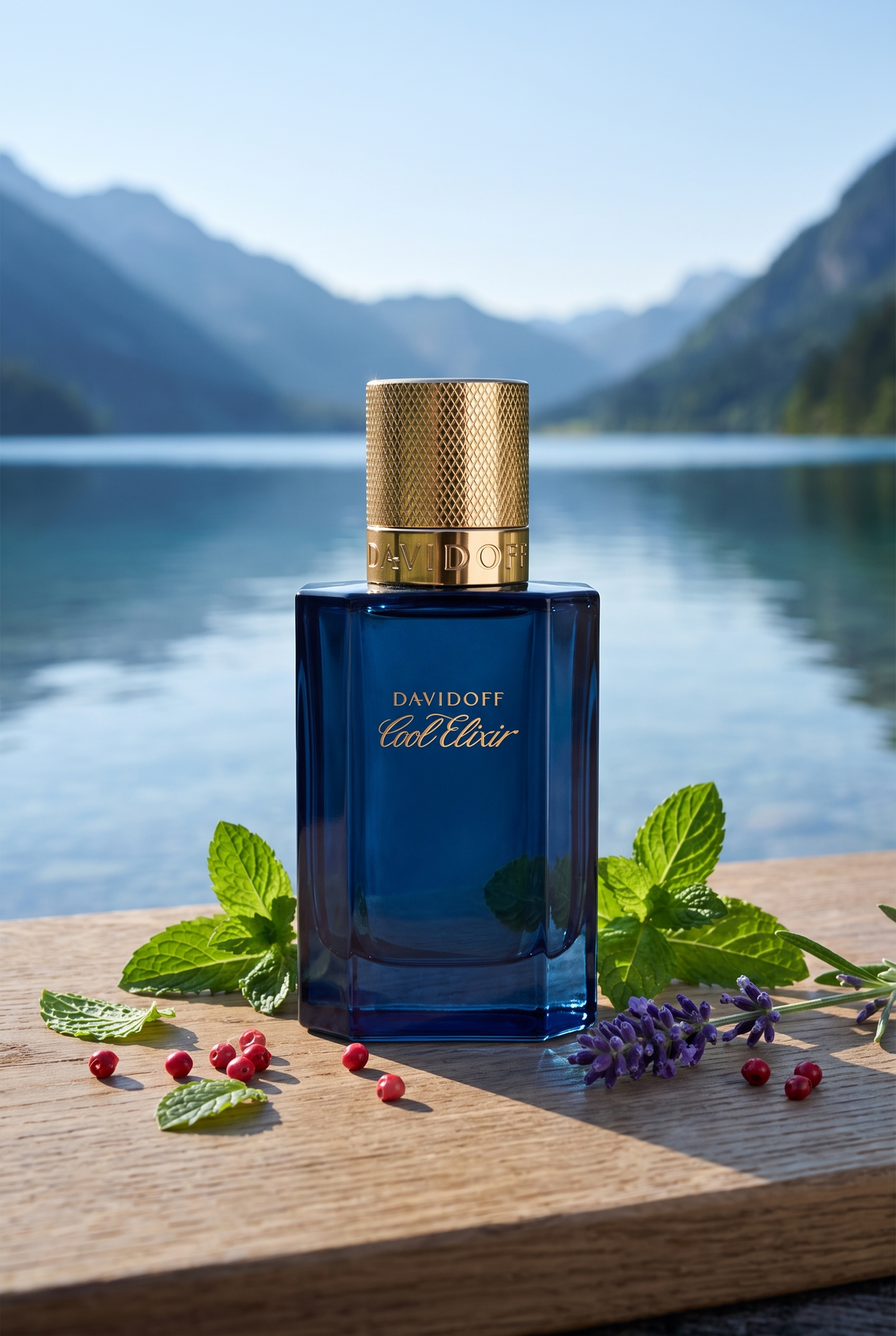 Davidoff Cool Elixir Parfum Intense blauer Flakon am Bergsee mit Minze und Lavendel - kaufenparfum.de