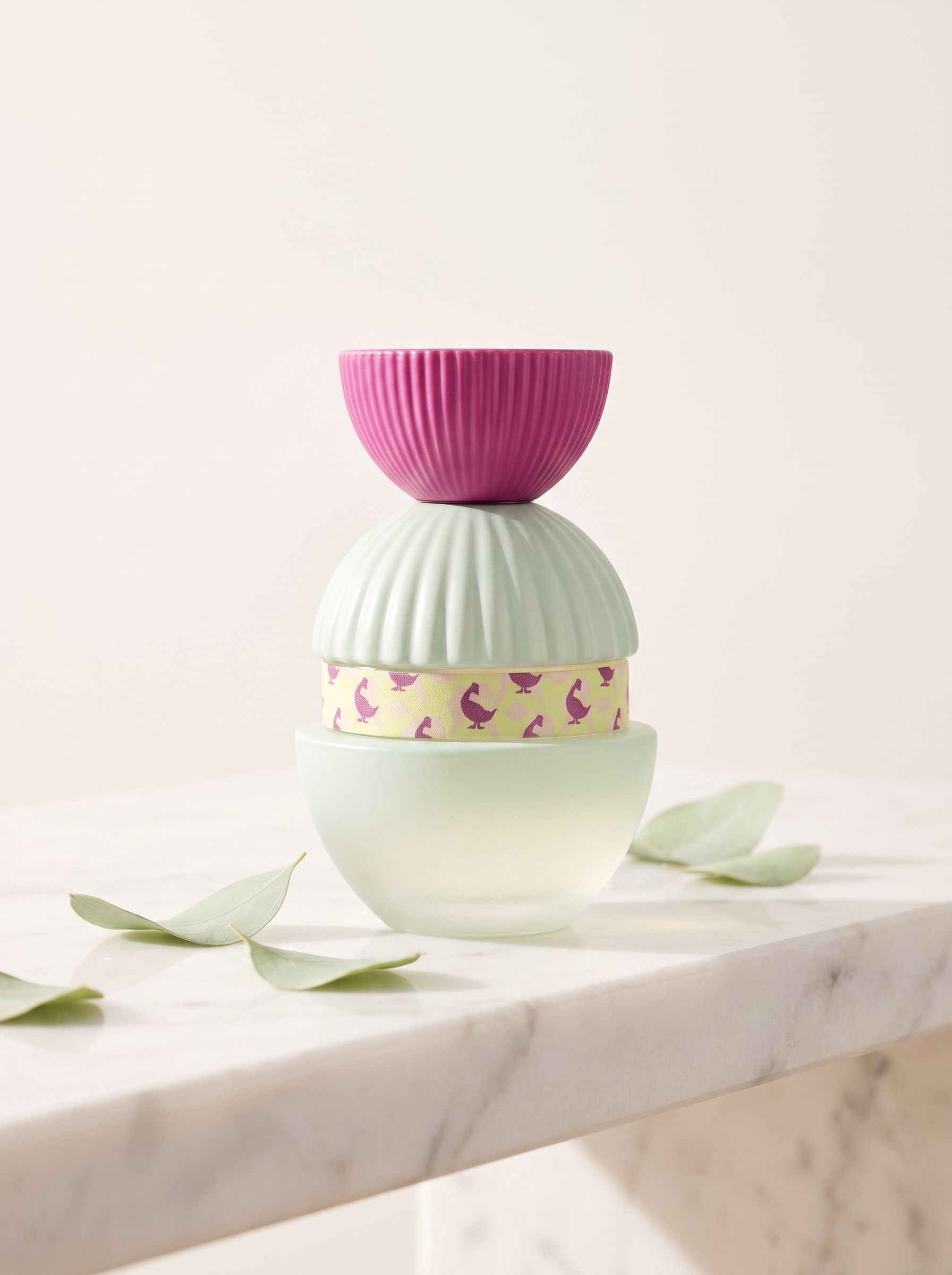 El Ganso Fun & Free Eau de Parfum 100 ml - pastellfarbener Flakon auf weissem Marmor mit gruenen Blaettern