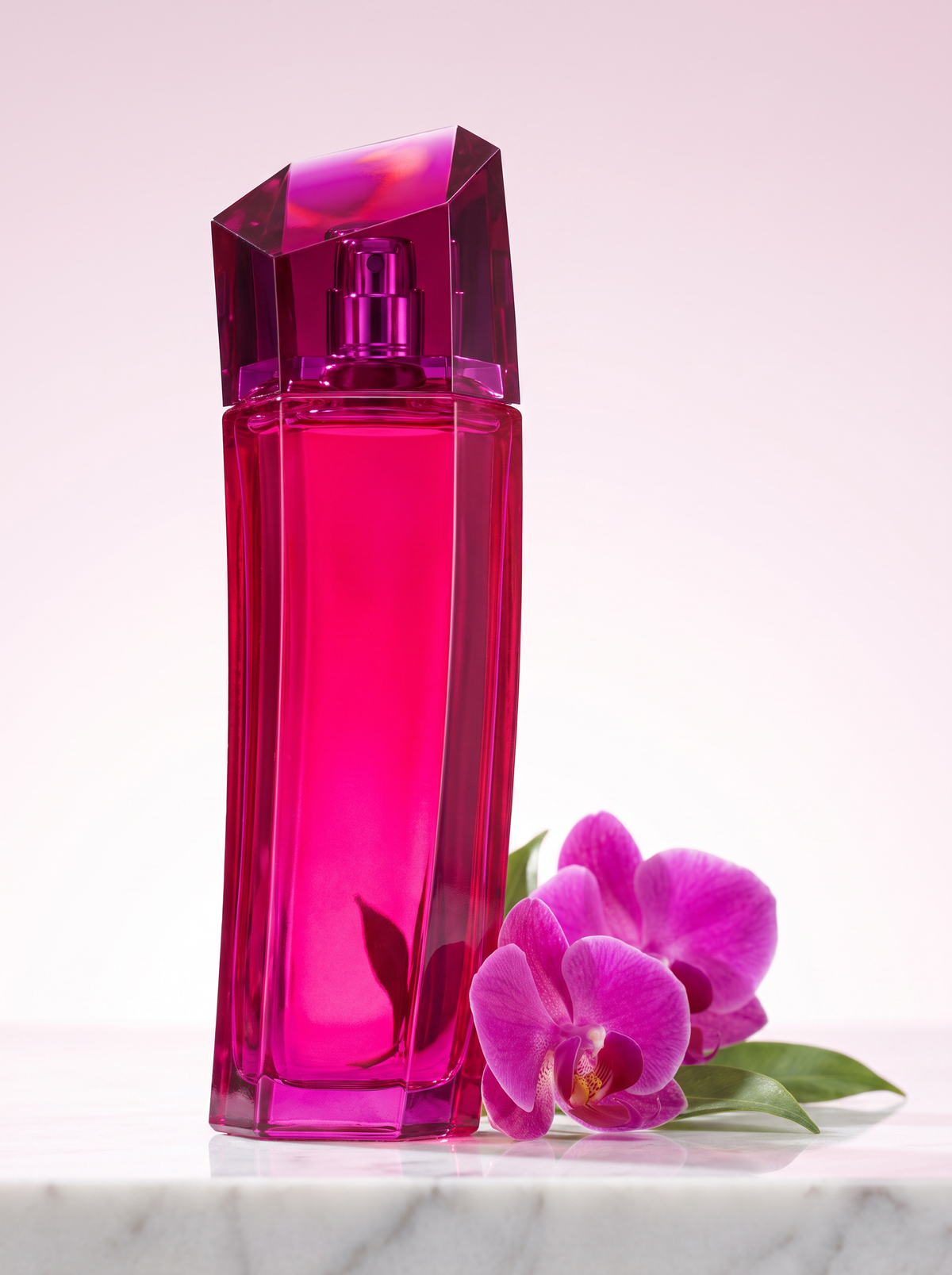 Escada Magnetism Eau de Parfum 75 ml - magentafarbener Flakon auf hellem Marmor mit Orchideen