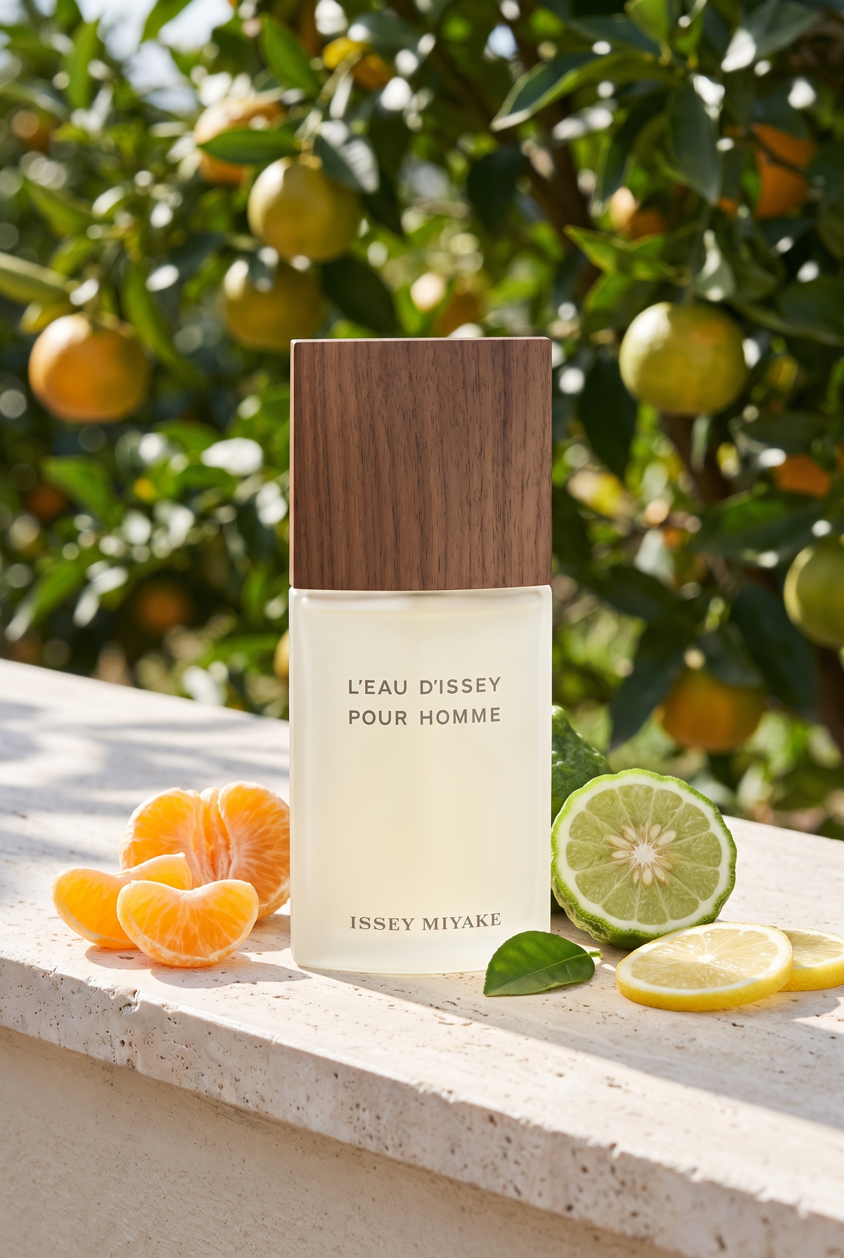 Issey Miyake L'Eau d'Issey Pour Homme EdT - Flakon mit Holzdeckel vor Zitrushain mit Mandarine, Bergamotte und Zitrone - kaufenparfum.de