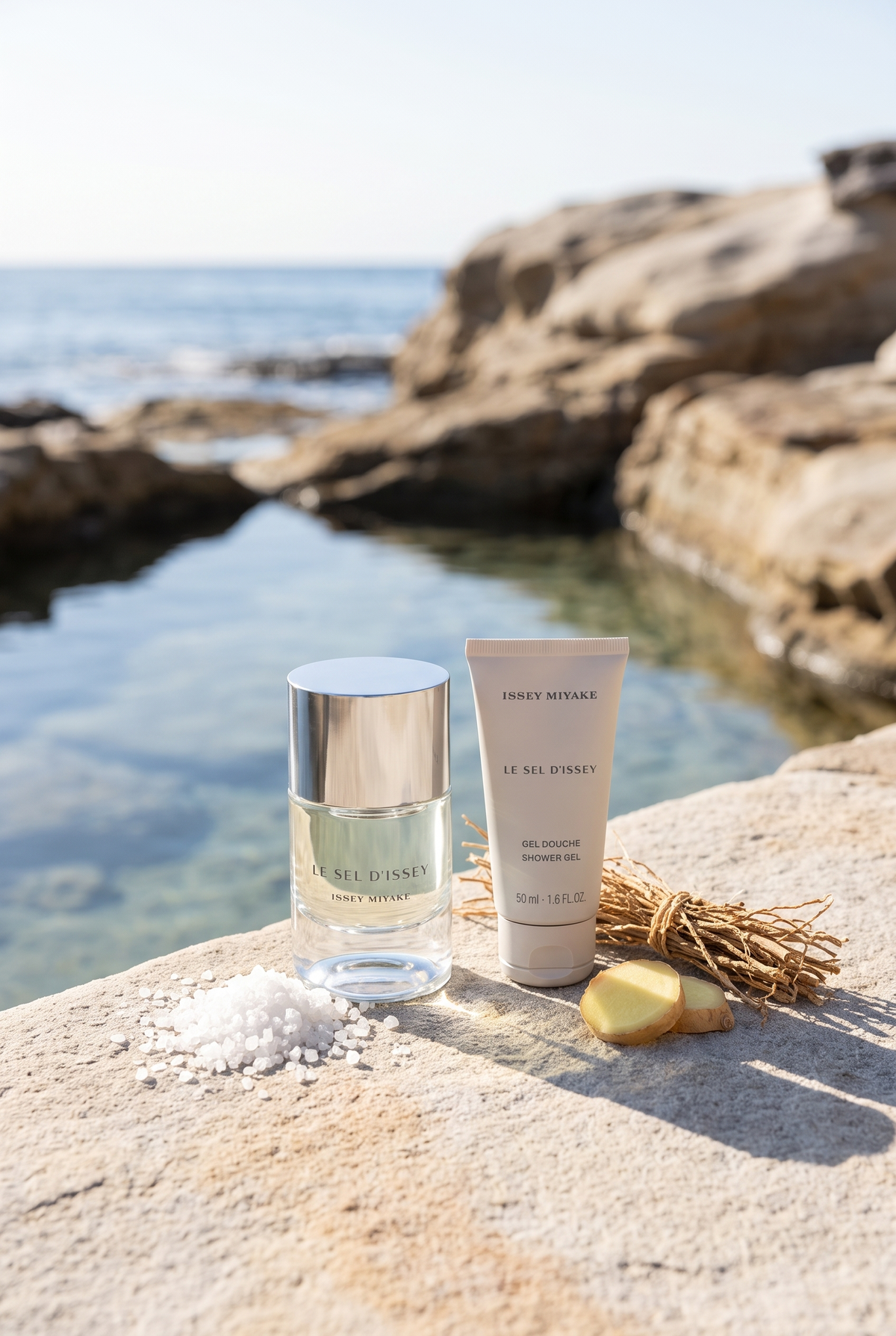 Issey Miyake Le Sel d'Issey Geschenkset mit Duschgel an einem sonnigen Felsenpool mit Meersalz und Ingwer - kaufenparfum.de