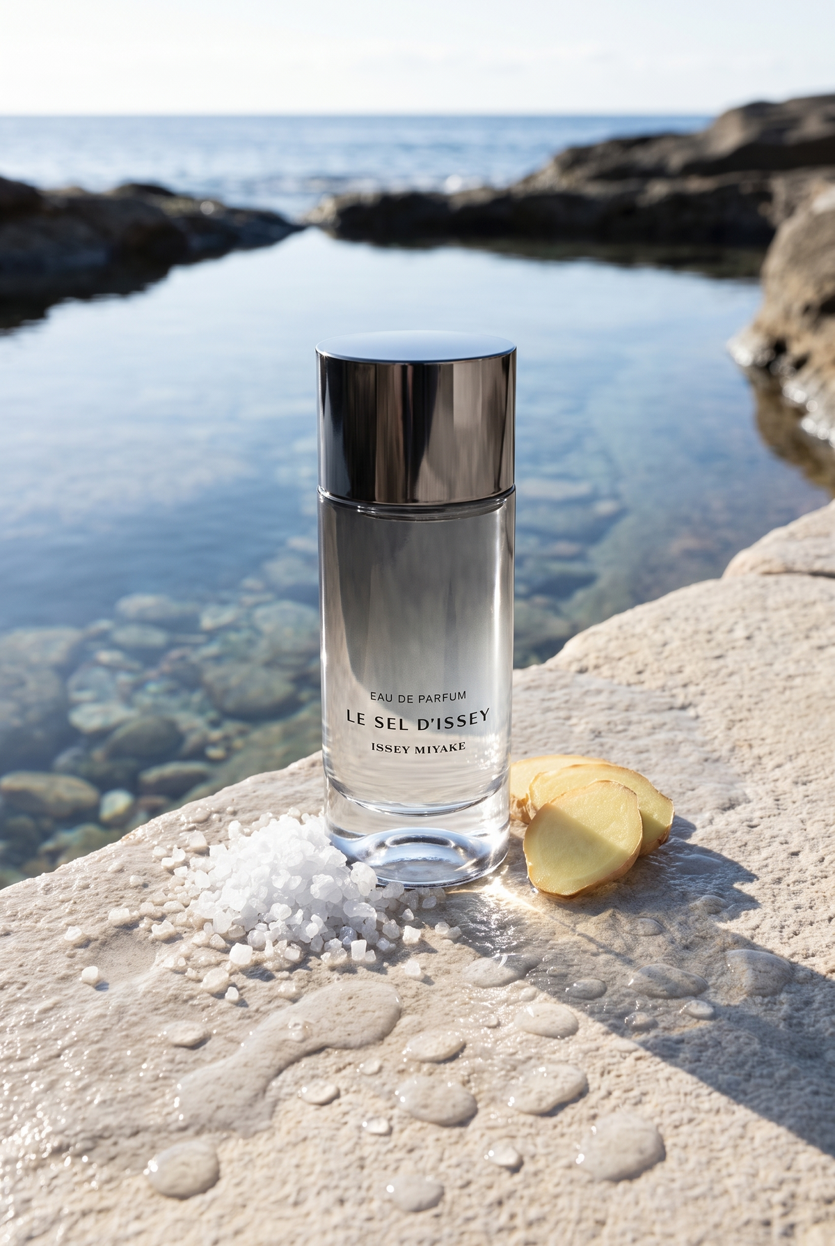 Issey Miyake Le Sel d'Issey Eau de Parfum an einem sonnigen Felsenpool mit Meersalz und Ingwer - kaufenparfum.de