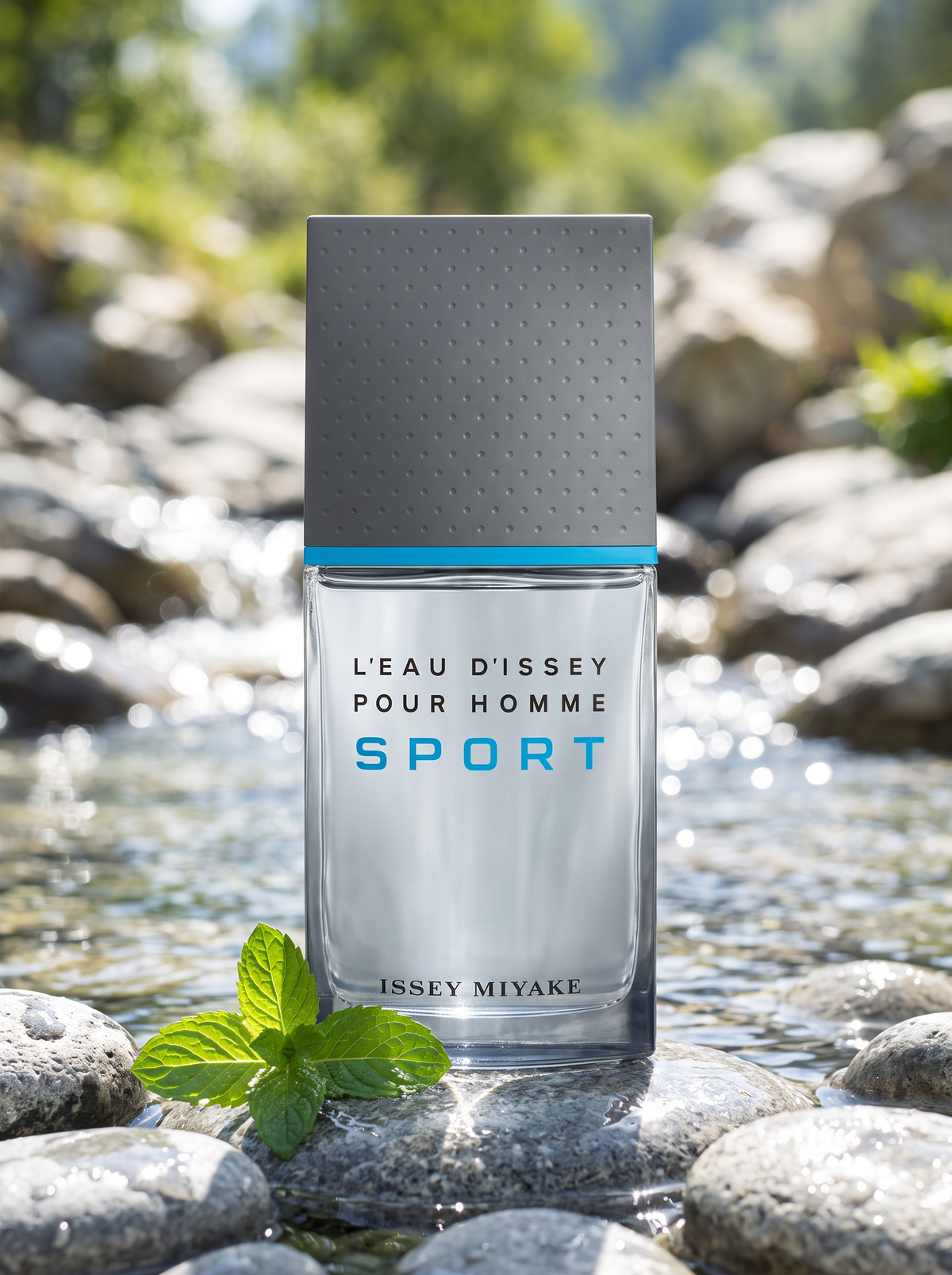 Issey Miyake L Eau d Issey Pour Homme Sport Eau de Toilette 100 ml - Flakon auf nassen Kieseln am Bergbach