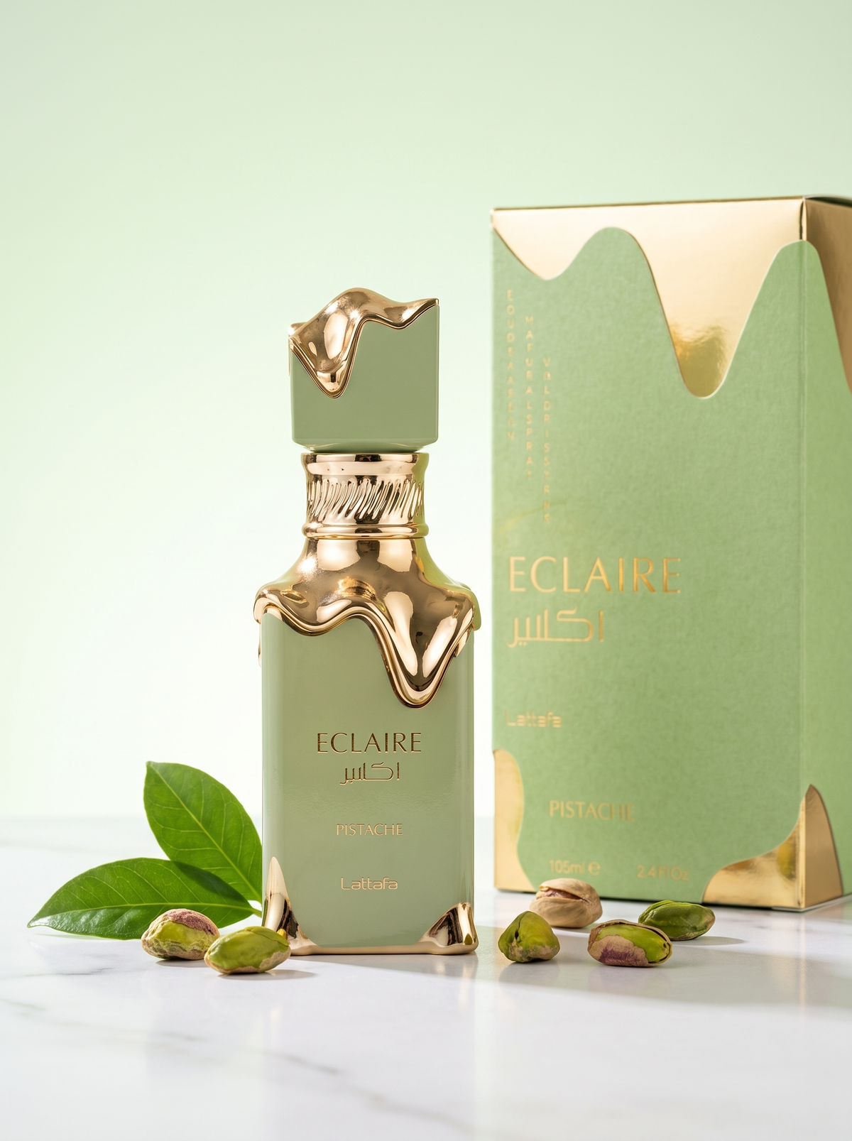Lattafa Eclaire Pistache Eau de Parfum 100 ml - pistaziengruener Flakon mit Verpackung auf hellem Marmor mit Pistazien