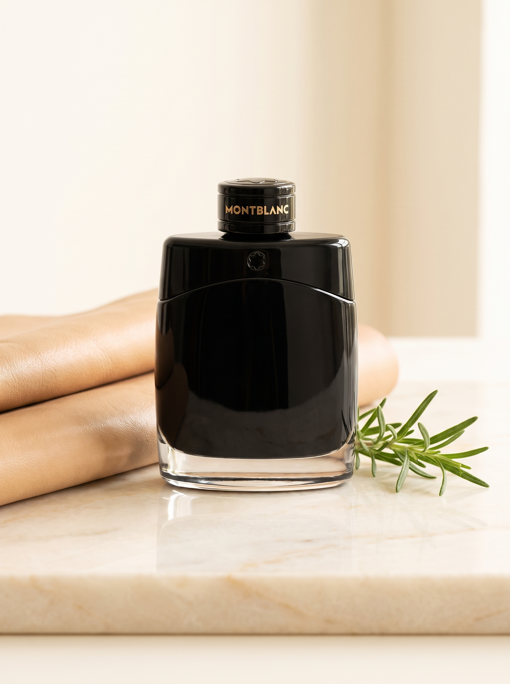Montblanc Legend Eau de Parfum 100 ml - schwarzer Flakon auf hellem Marmor mit Leder und Rosmarin