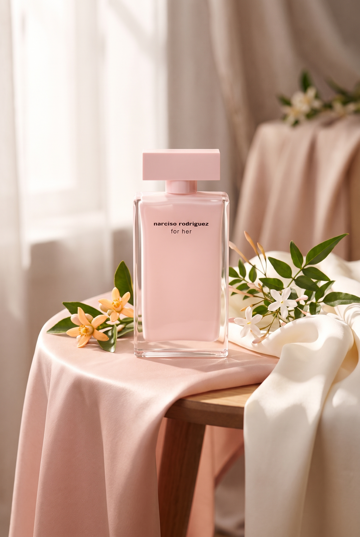 Narciso Rodriguez for her Eau de Parfum - rosa Flakon mit Orangenbluete und Jasmin auf Seide - kaufenparfum.de
