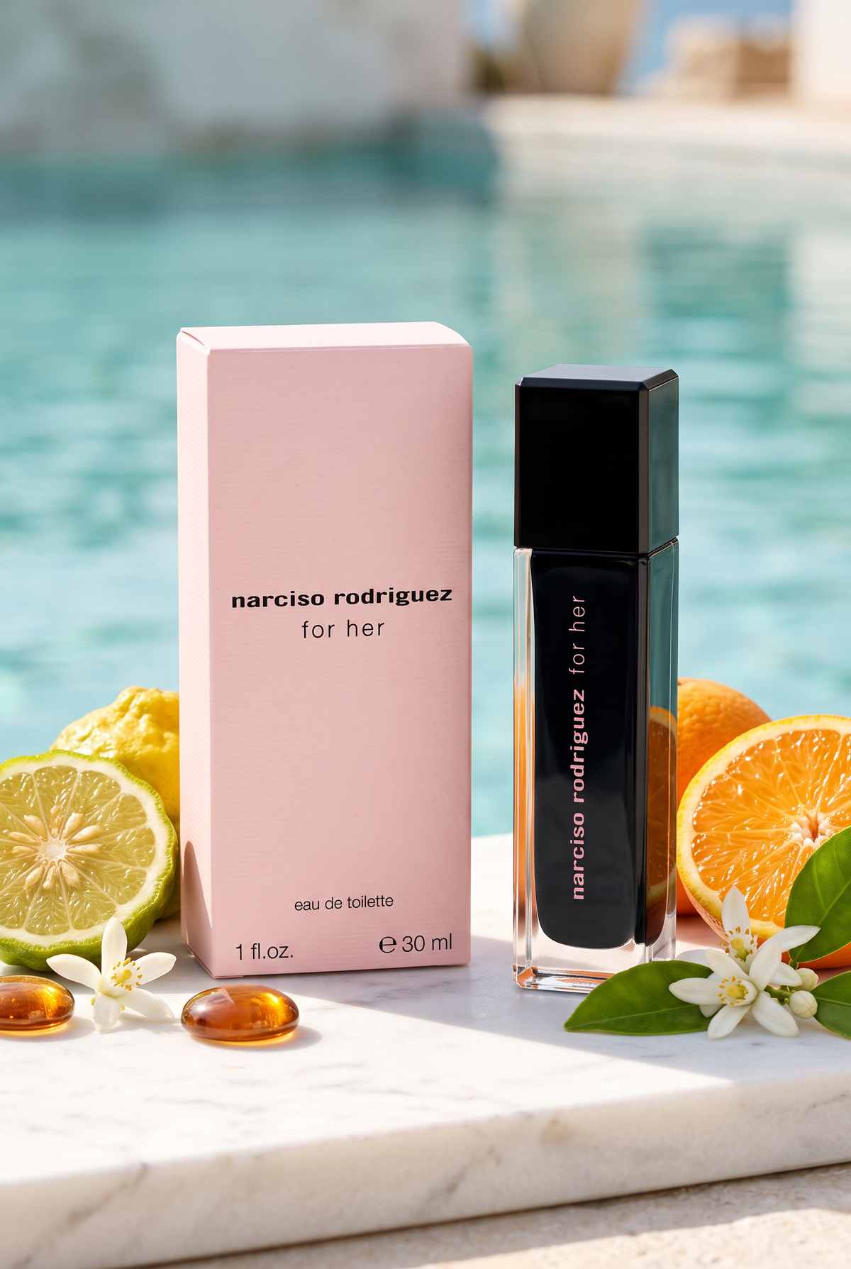 Narciso Rodriguez for Her Eau de Toilette 30 ml - schwarzer Flakon mit rosa Verpackung, Orangenbluete und Zitrusfruechten am Wasser - kaufenparfum.de