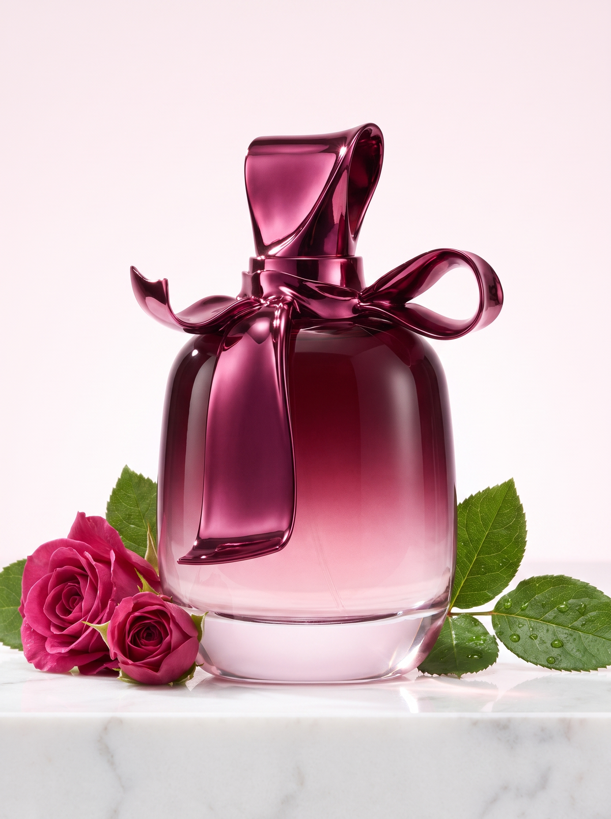 Nina Ricci Ricci Ricci Eau de Parfum 50 ml - Flakon mit Glasschleife auf hellem Marmor mit pinken Rosen
