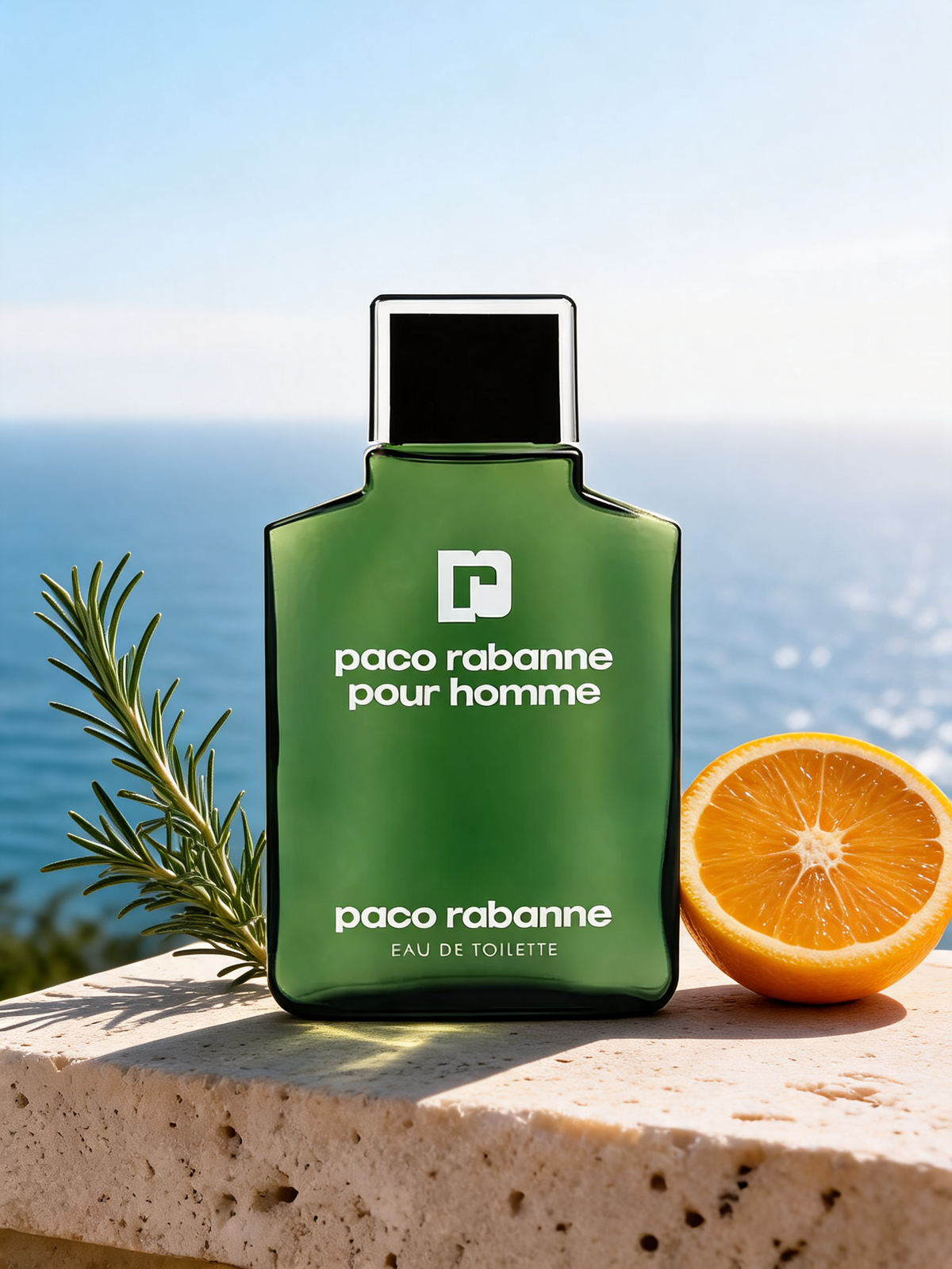 Paco Rabanne Pour Homme Flasche auf Travertin mit Meerblick - kaufenparfum.de
