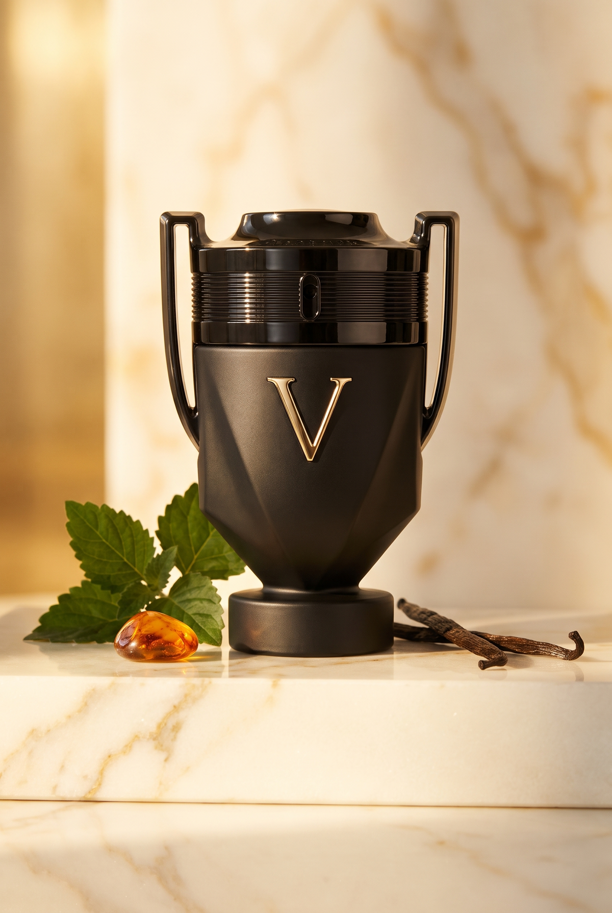 Rabanne Invictus Victory Absolu Parfum Intense - schwarzer Pokal-Flakon mit Patchouli und Vanille auf hellem Marmor - kaufenparfum.de