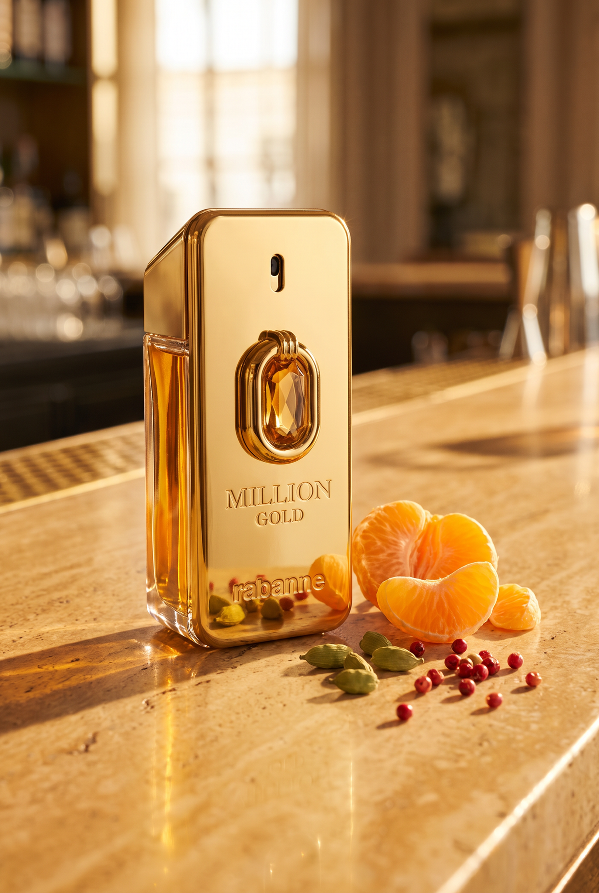 Rabanne Million Gold Elixir Parfum Intense goldener Flakon auf Travertin-Bar mit Mandarine, Kardamom und rosa Pfeffer - kaufenparfum.de