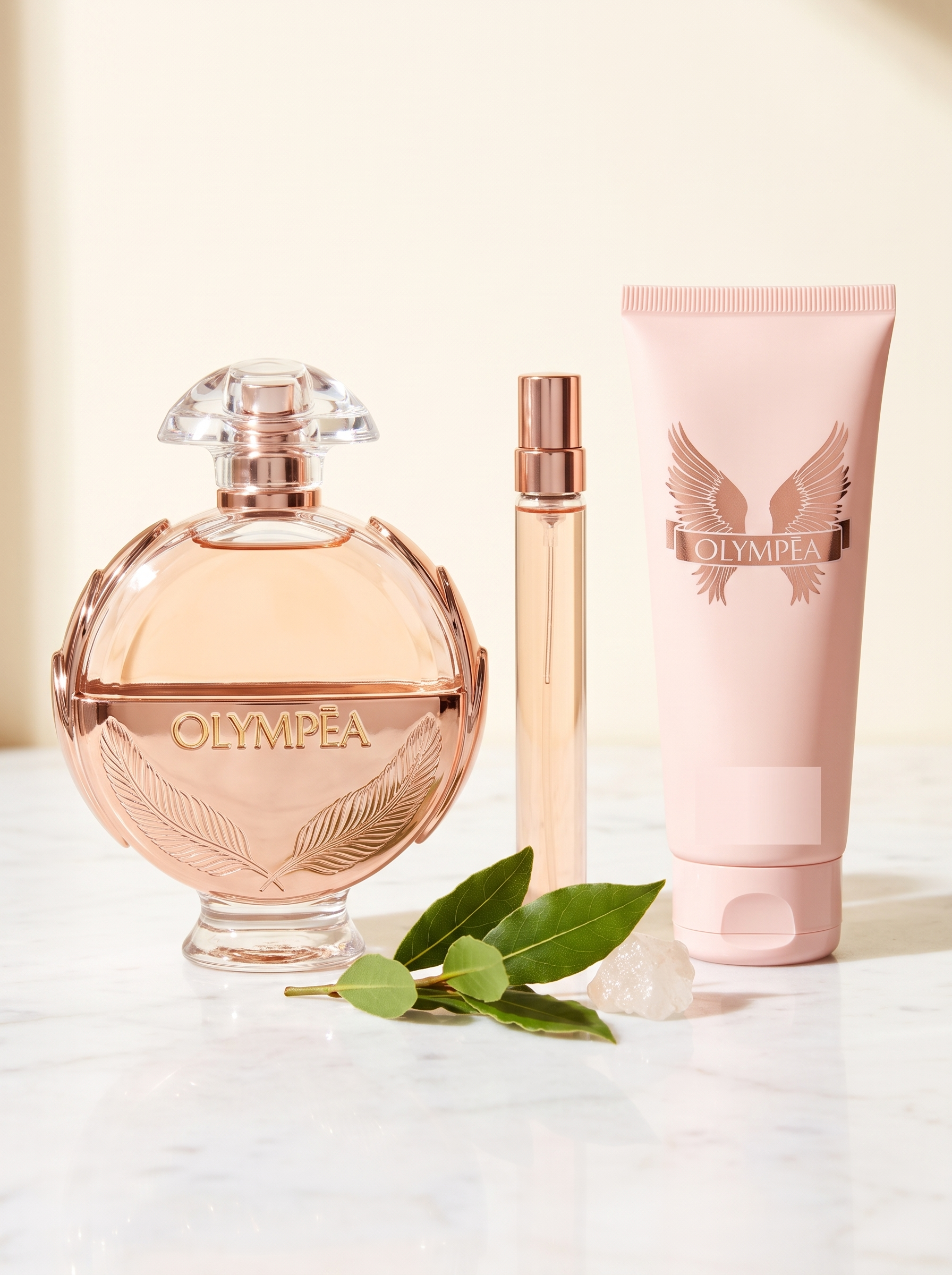 Rabanne Olympea Eau de Parfum Geschenkset - goldener Flakon mit Reisespray und Bodylotion auf weissem Marmor mit Lorbeer