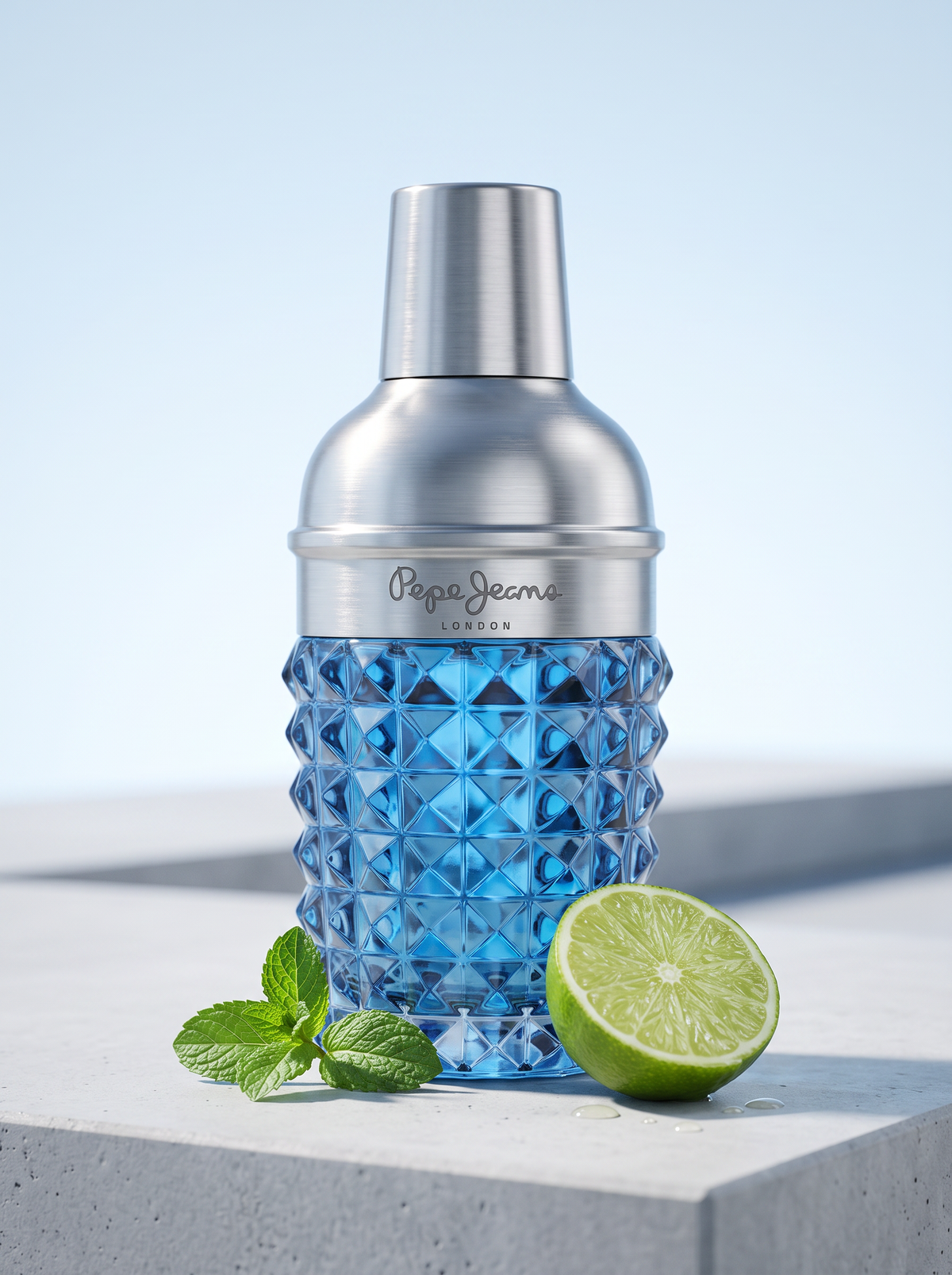 Pepe Jeans for Him Eau de Toilette 100 ml - Shaker-Flakon auf hellem Beton mit Limette und Minze