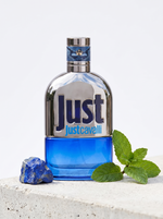 Just Cavalli Man Eau de Toilette 90 ml - Chrom-blauer Flakon auf hellem Beton mit Lapislazuli und Minze