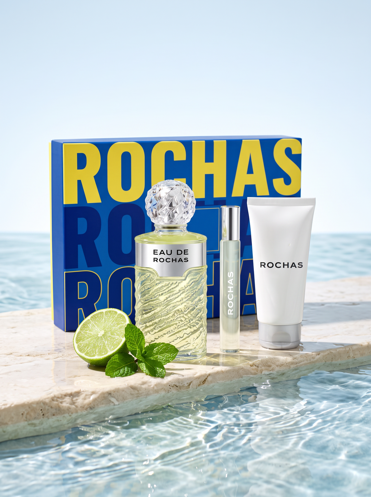 Rochas Eau de Rochas Geschenkset - Flakon Reisespray und Bodylotion mit Verpackung am Wasser mit Limette